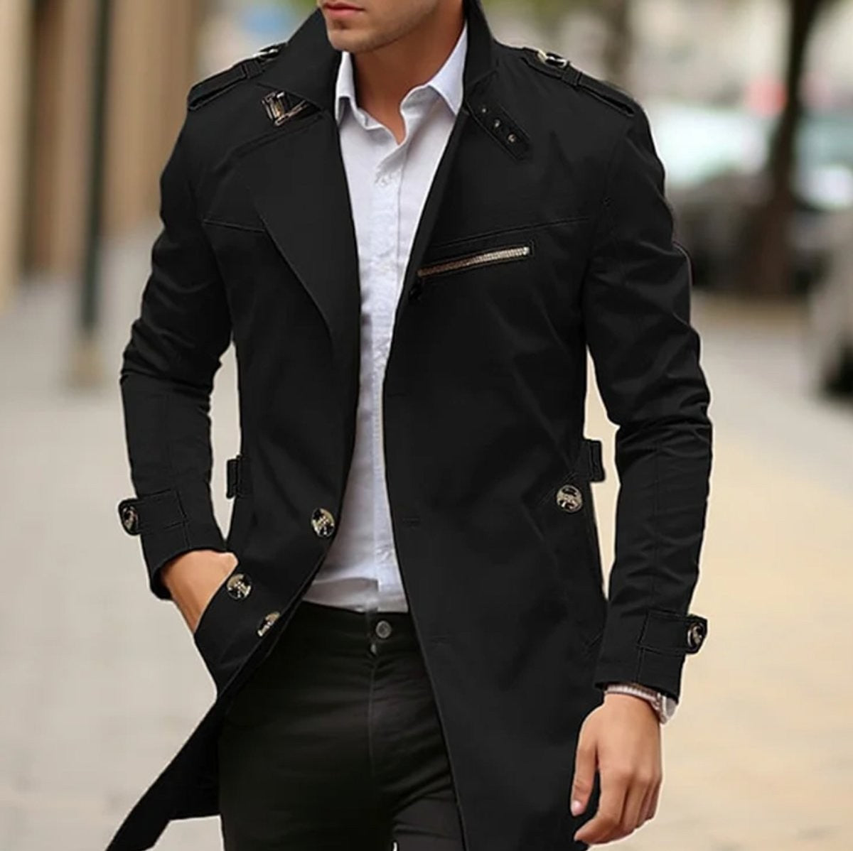 Black slim-fit trench coat with epaulettes and buttoned front worn by model