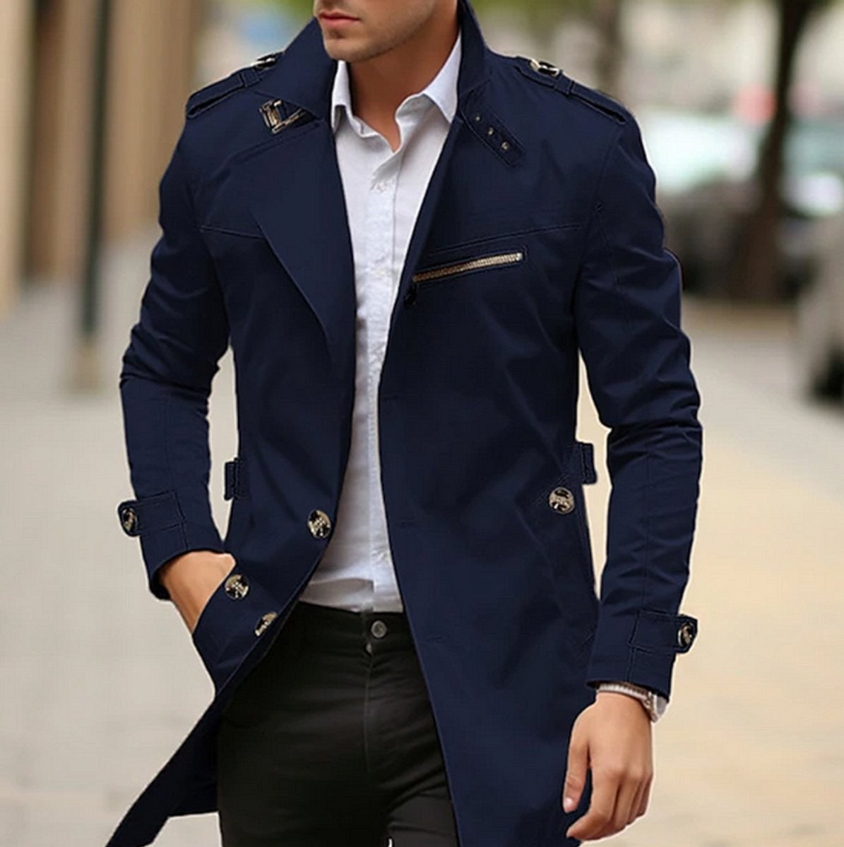 Navy slim-fit trench coat with zip pocket and button cuff detailing