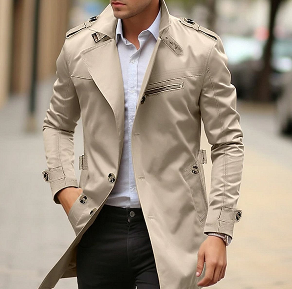 Beige slim-fit trench coat with buttoned front and tie belt