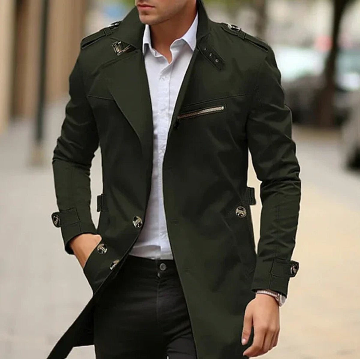 Olive green slim-fit trench coat with zip chest pocket detail
