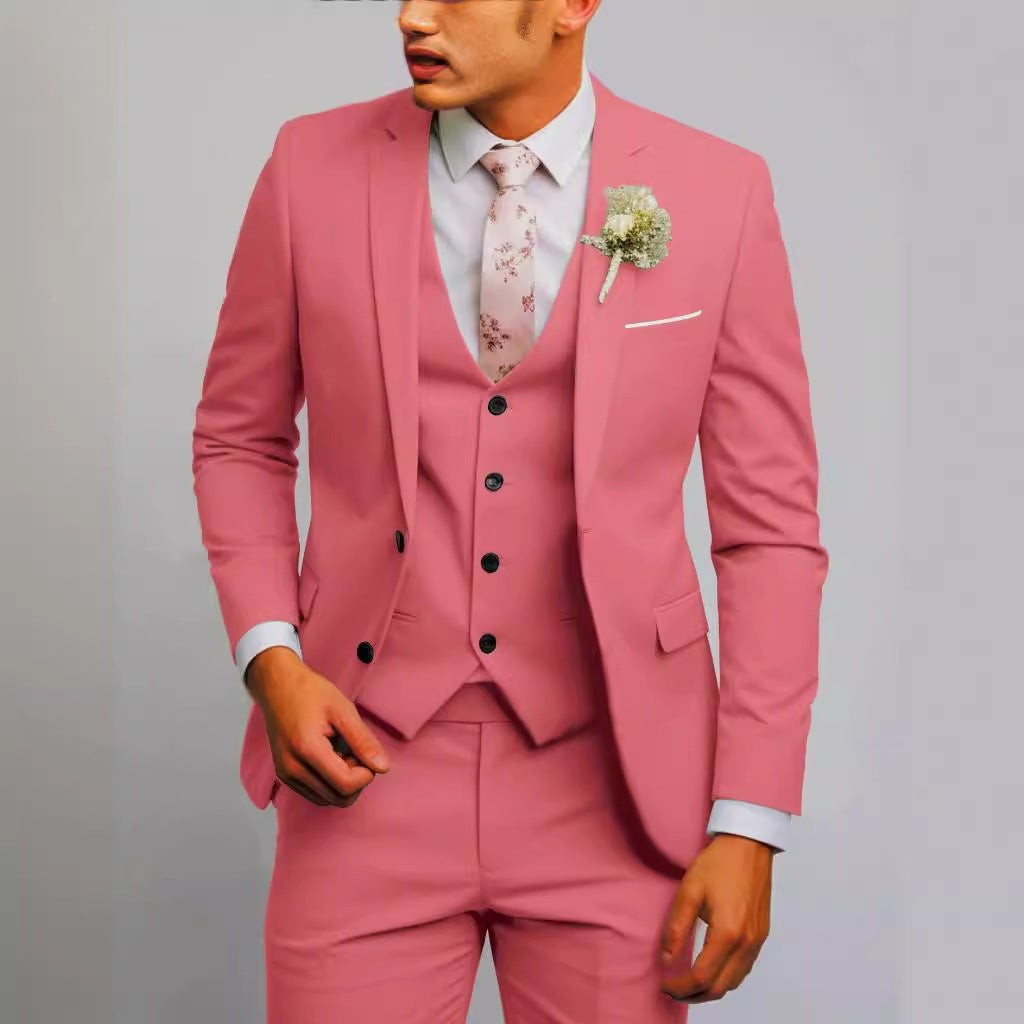 Rose pink slim-fit suit jacket with waistcoat and floral tie