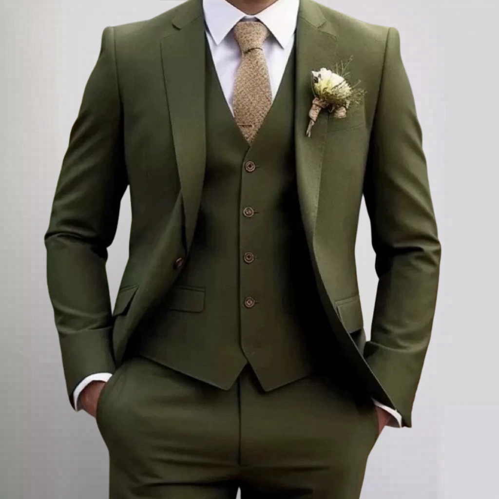 Olive green three-piece suit paired with textured beige tie