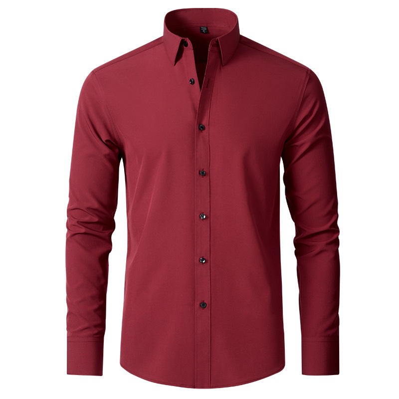 Burgundy slim-fit stretch dress shirt with black buttons, front view
