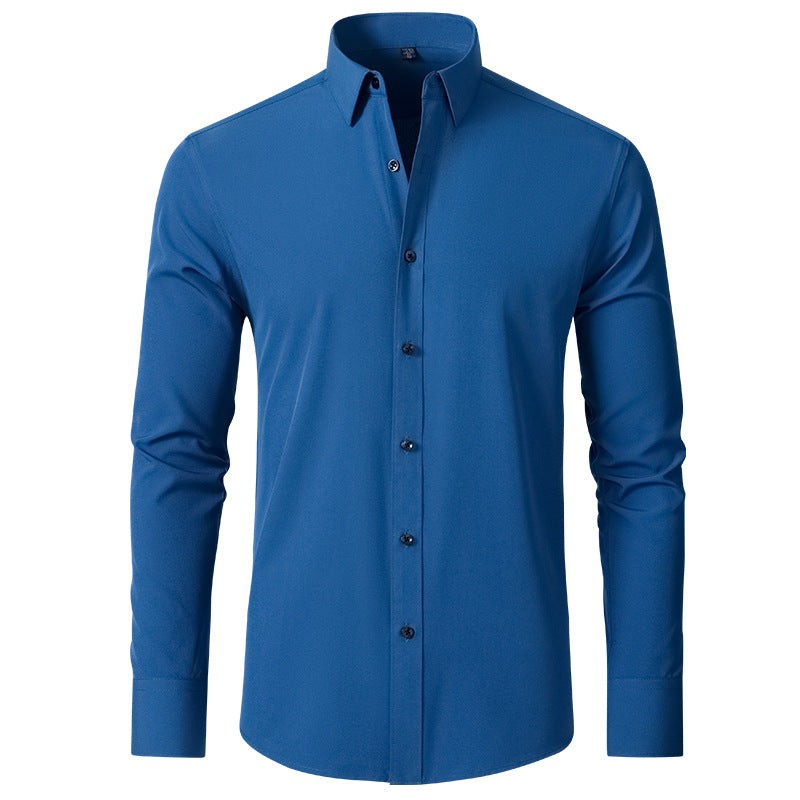 Teal blue slim-fit stretch shirt with classic collar, front view