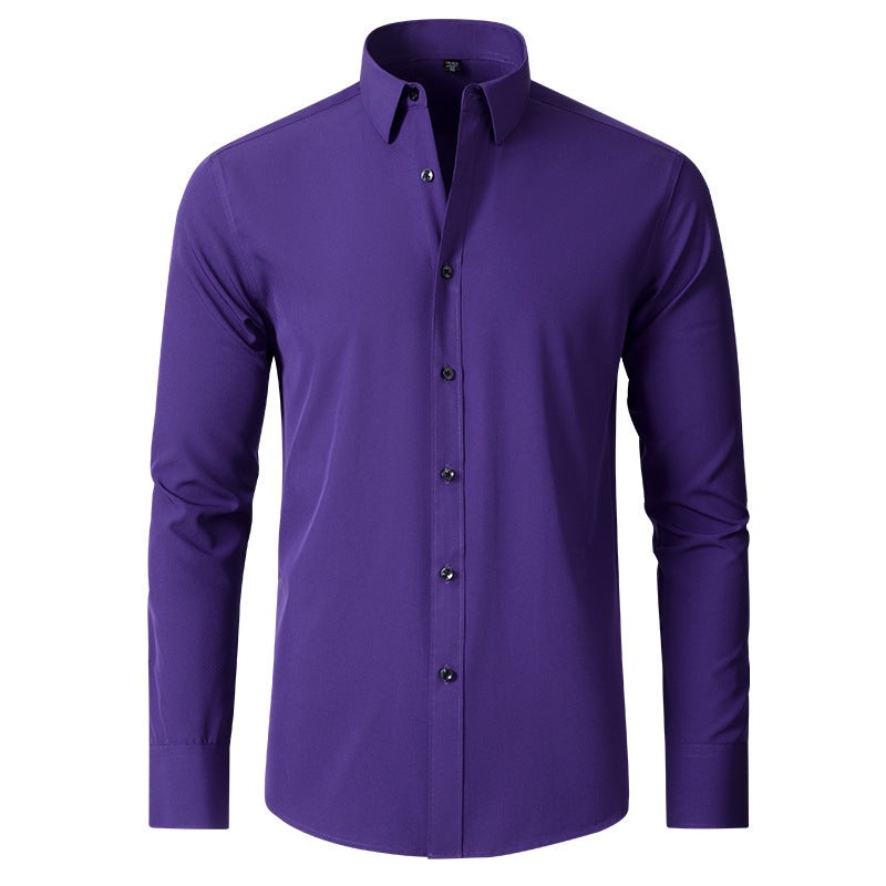 Purple slim-fit stretch shirt with contrast button placket, front view