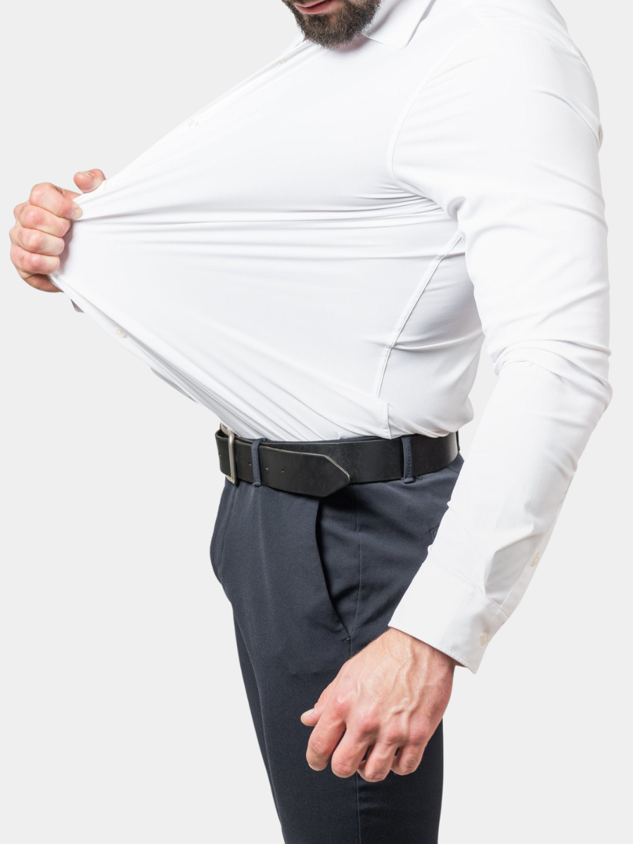 White slim stretch shirt fabric pulled to show four-way stretch fit