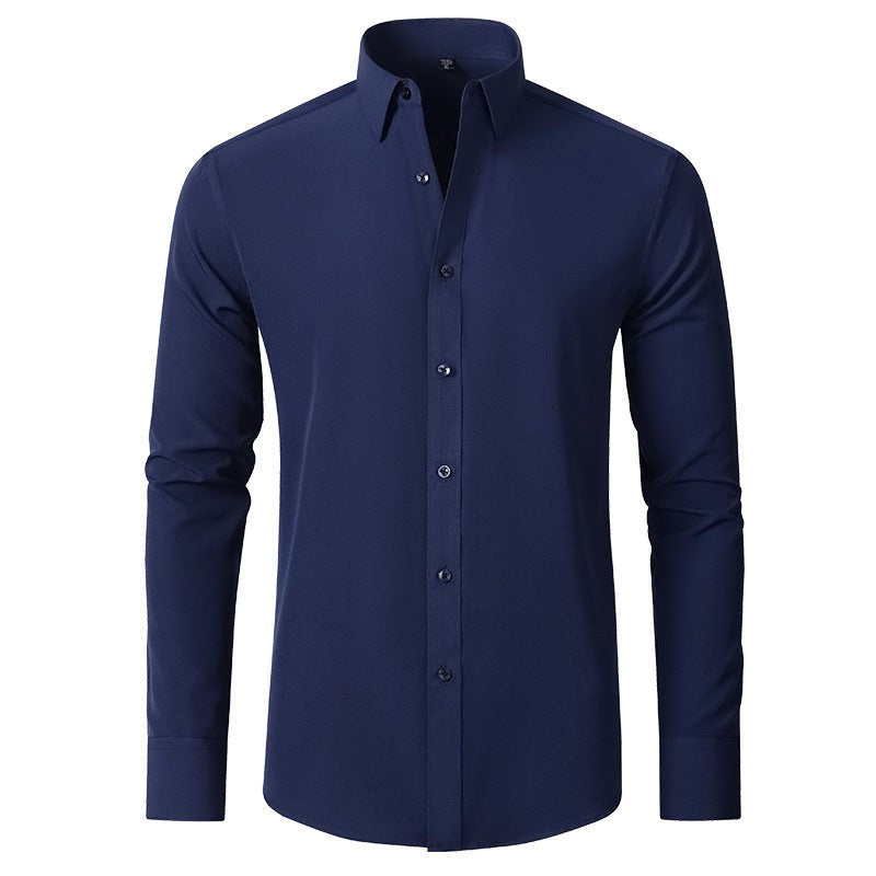 Navy slim-fit long-sleeve shirt with structured point collar