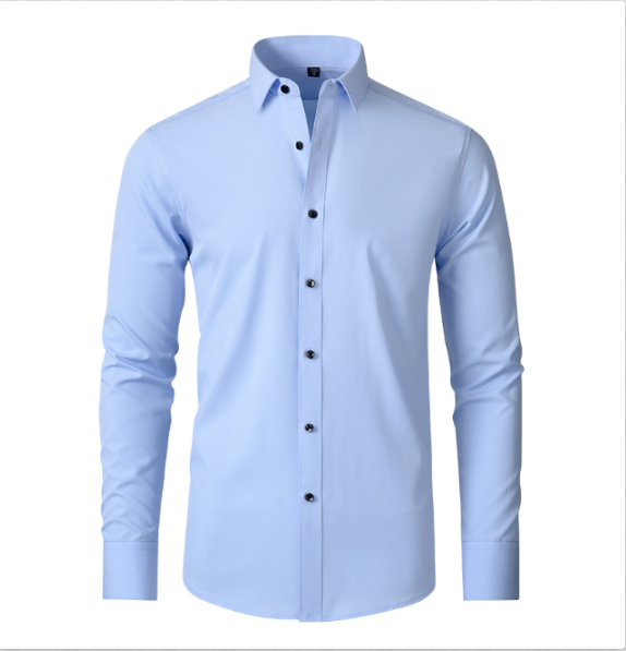 Pale blue slim-fit long-sleeve shirt with classic collar and buttons