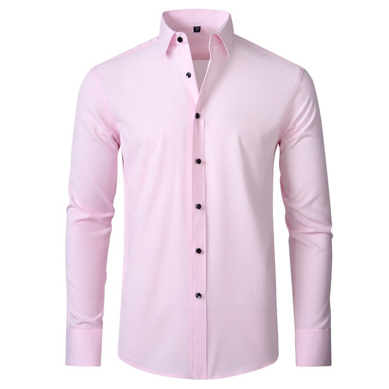 Pink slim-fit stretch shirt with classic collar, laid flat front view
