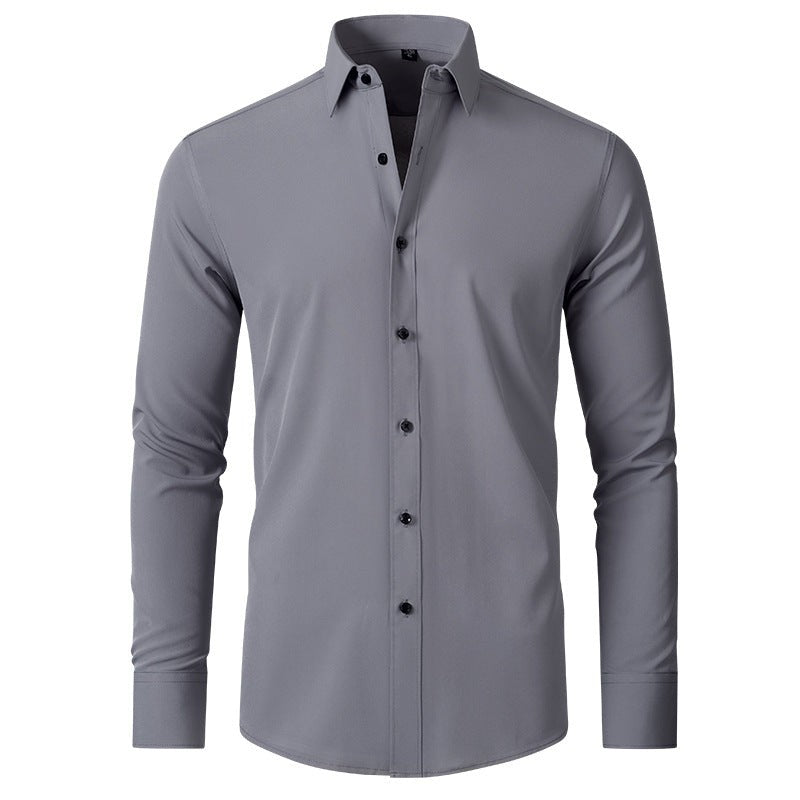 Grey slim-fit stretch shirt with classic collar and button cuffs