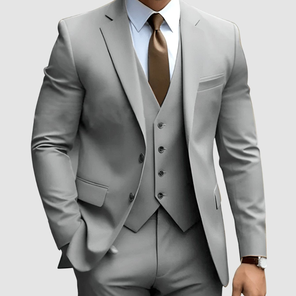 Pale grey three-piece formal suit with notch lapel blazer