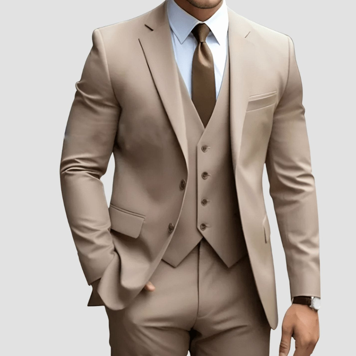 Warm taupe slim-fit suit set with matching trousers