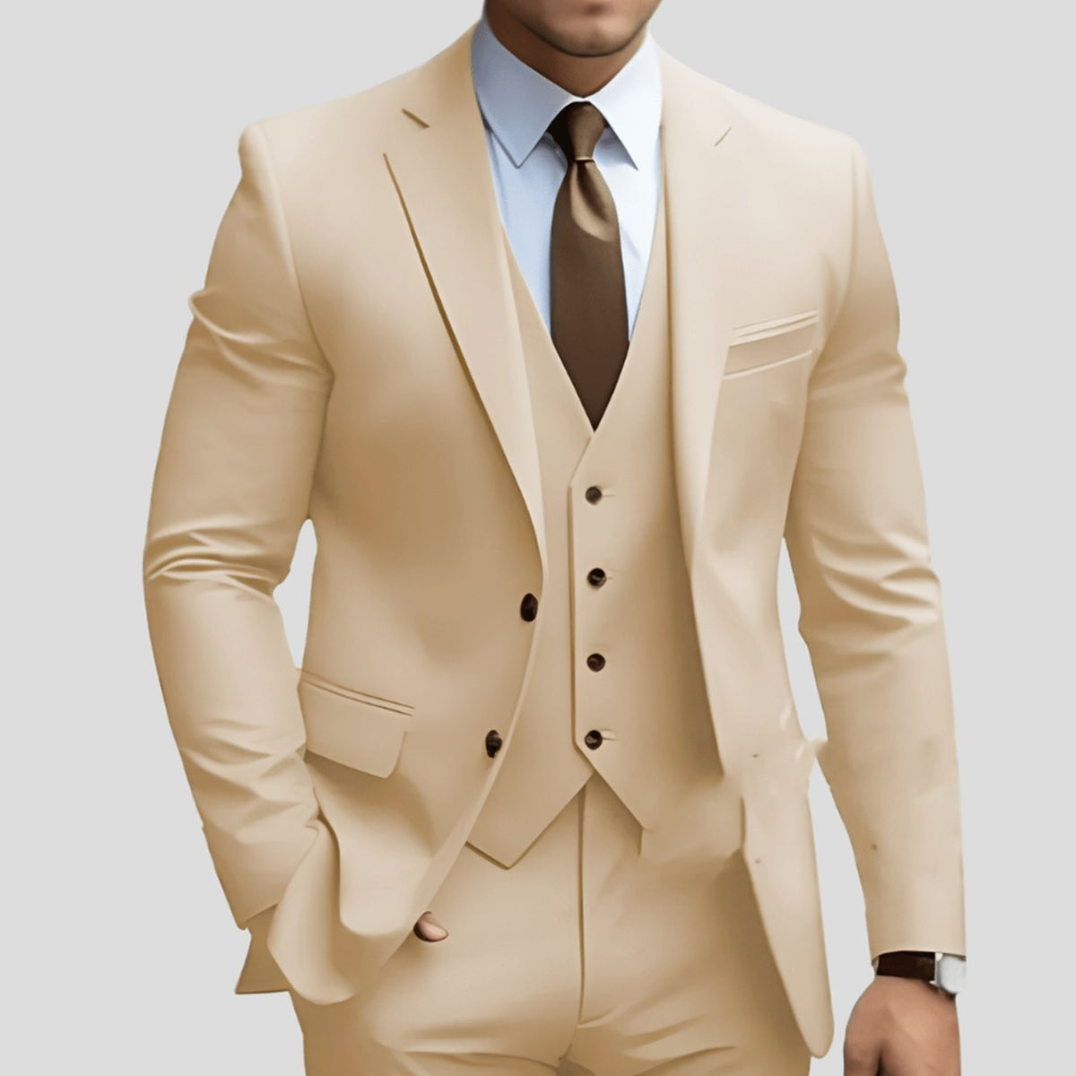 Light beige three-piece formal suit with matching waistcoat