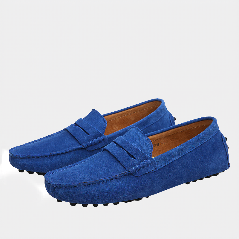 Cobalt blue suede penny loafers with pebbled rubber driving sole