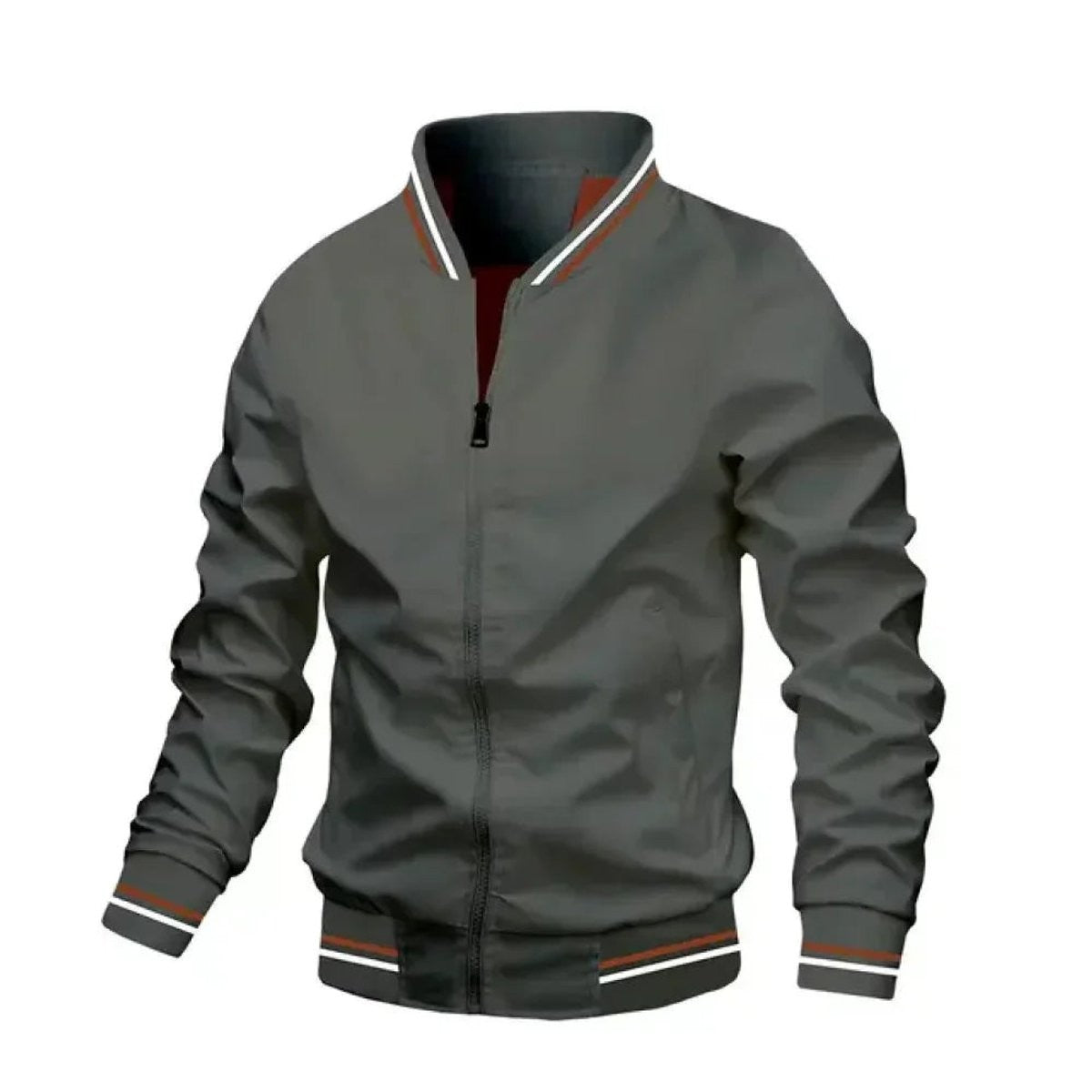 Charcoal grey bomber jacket with striped ribbed cuffs and stand collar