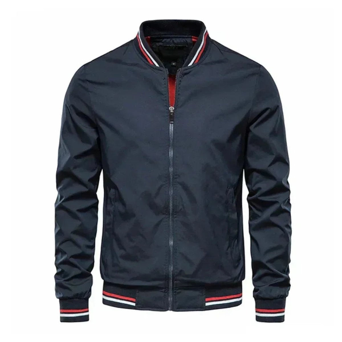 Navy bomber jacket with red-striped ribbed cuffs and stand collar