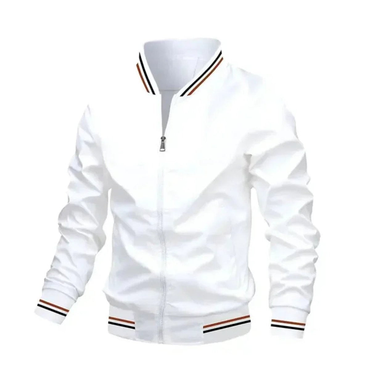 White bomber jacket featuring rust-striped ribbed cuffs and collar