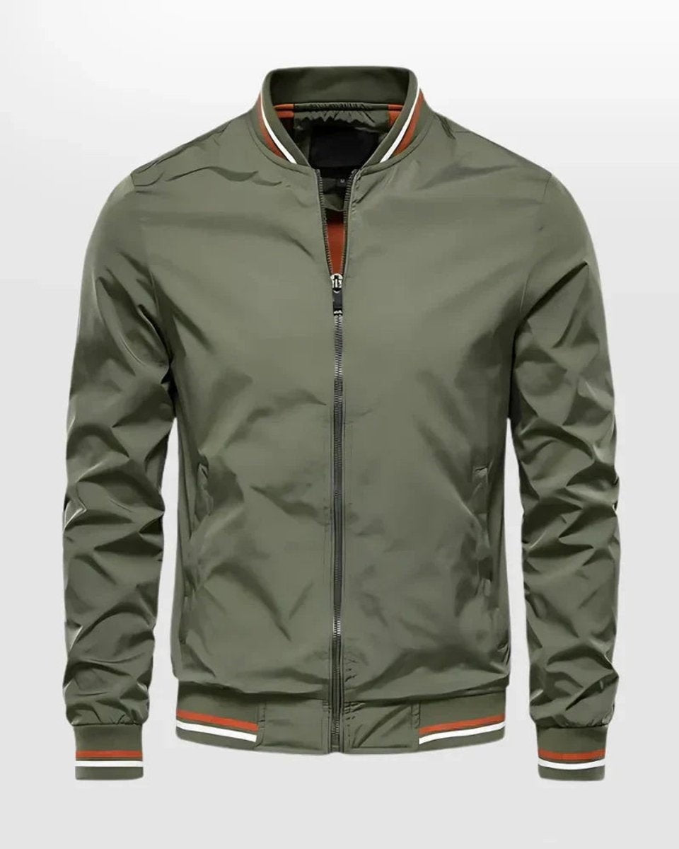 Olive green men's bomber jacket with striped ribbed waistband