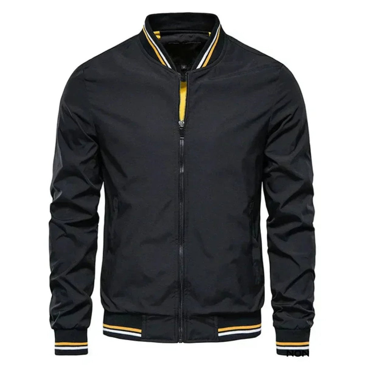 Black lightweight bomber jacket with yellow-striped ribbed trims