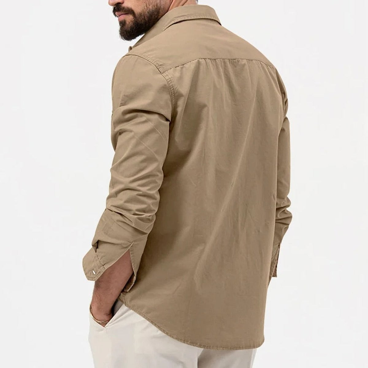 Rear view of man modelling khaki long-sleeve cotton shirt