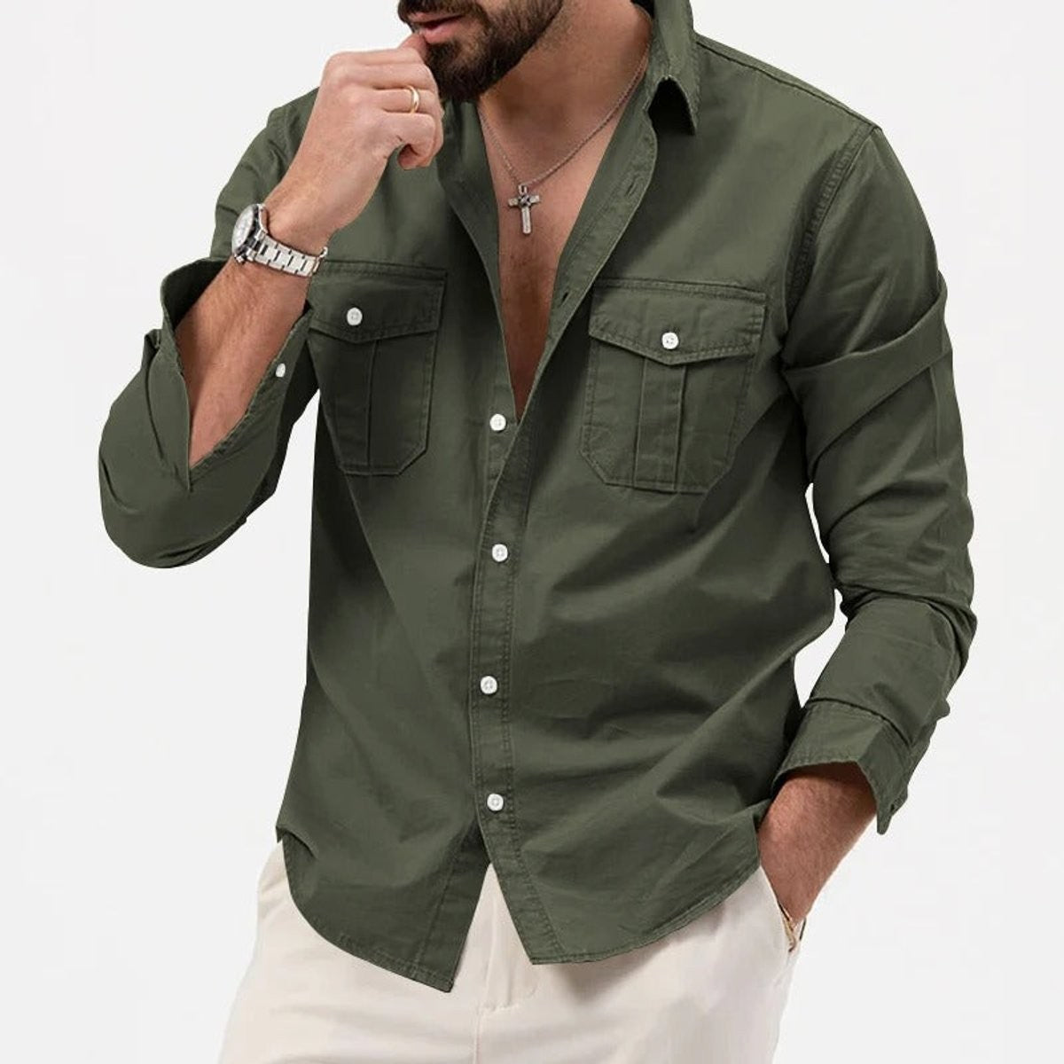 Man in olive green dual-pocket long-sleeve button-up shirt