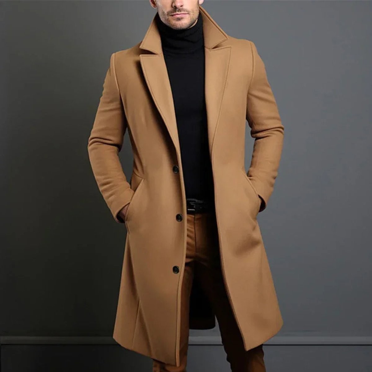 Front view of camel single-breasted overcoat with notch lapel and long sleeves