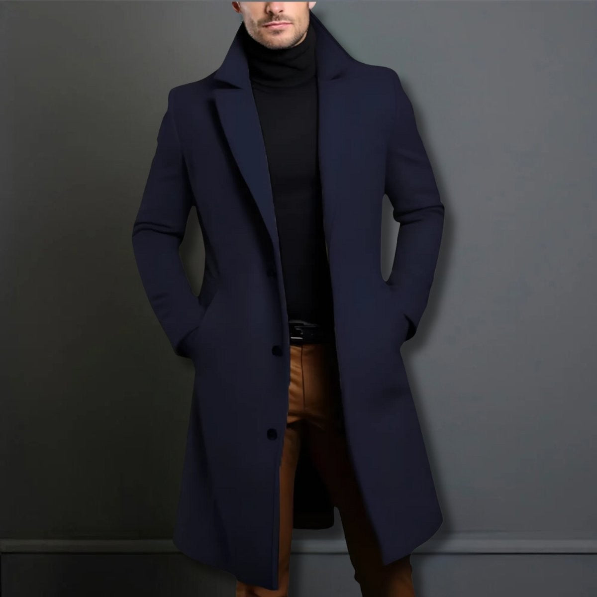 Navy tailored overcoat with notch lapel and button fastening, slim-fit style