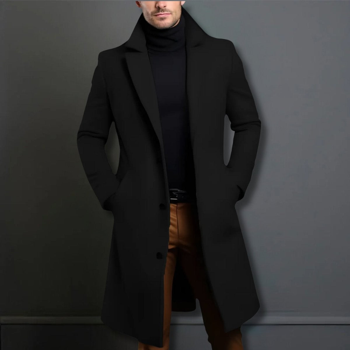 Black slim-fit longline overcoat with tailored lapel and button-front design