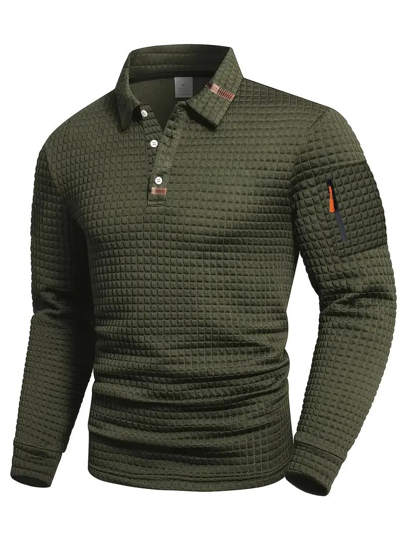 Olive green long sleeve polo shirt with waffle knit texture and zip pocket