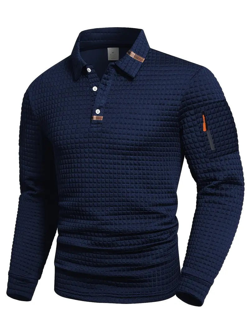 Navy long sleeve polo shirt with textured grid design and button collar