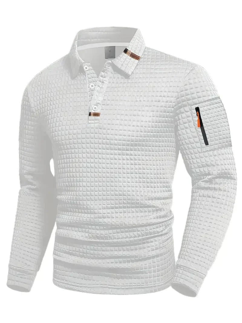 Side view of white textured polo shirt with buttoned collar
