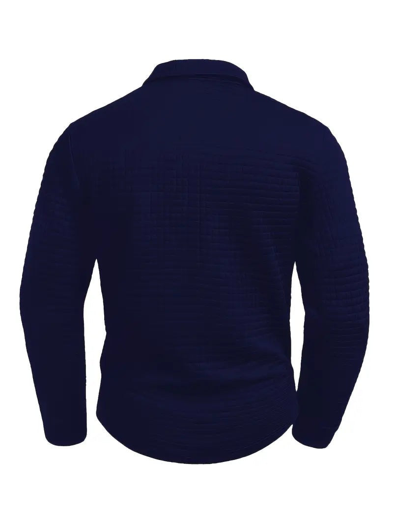Rear view of navy waffle textured polo shirt with collar