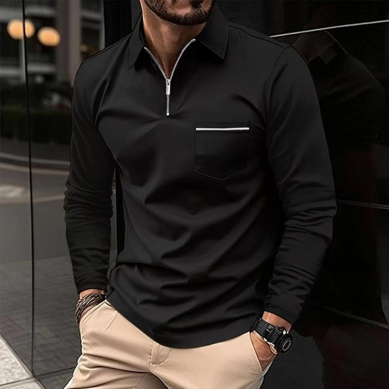 Black long sleeve polo shirt featuring quarter-zip collar and front pocket