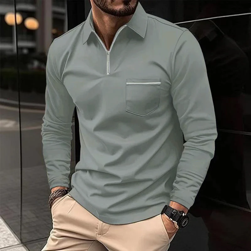 Sage green polo shirt with zip neck and striped chest pocket trim