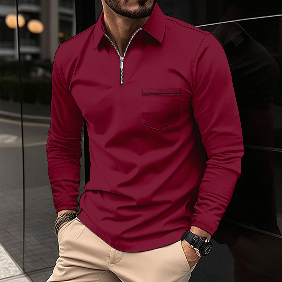 Burgundy long sleeve polo shirt with zip neck and slim fit design