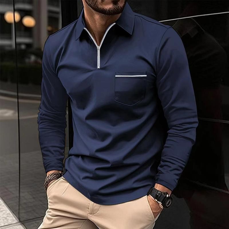 Navy zip-up polo shirt with striped chest pocket, long sleeve menswear