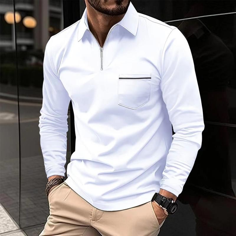 White long sleeve polo shirt featuring zip collar and striped pocket trim