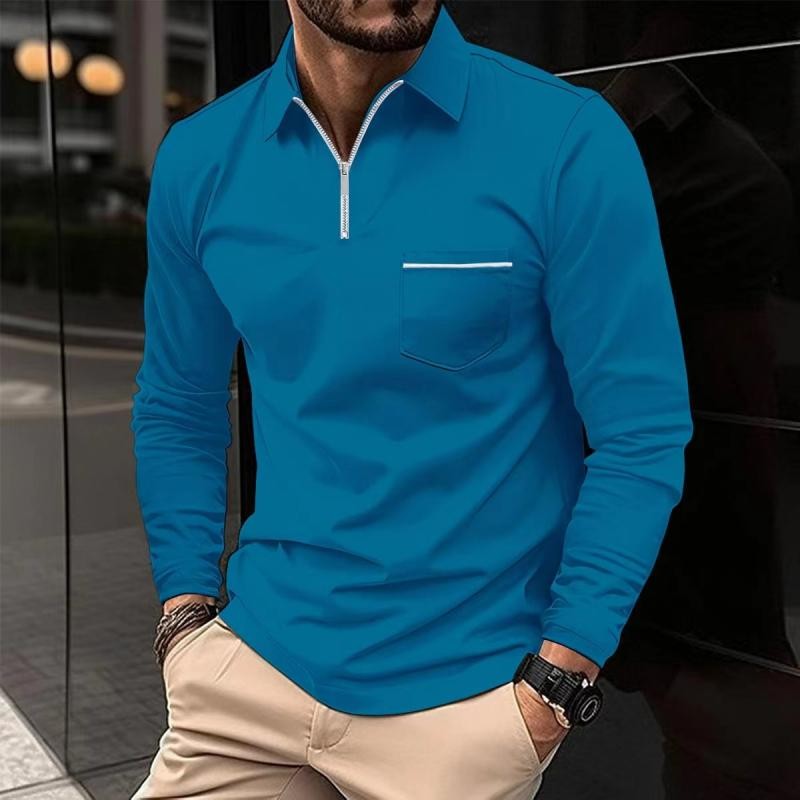 Teal blue zip-collar polo shirt with long sleeves and chest pocket