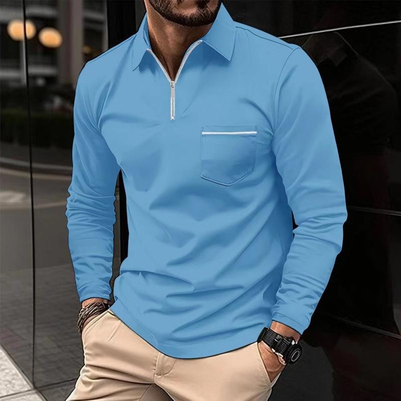 Sky blue zip-up polo shirt with long sleeves and striped pocket edge