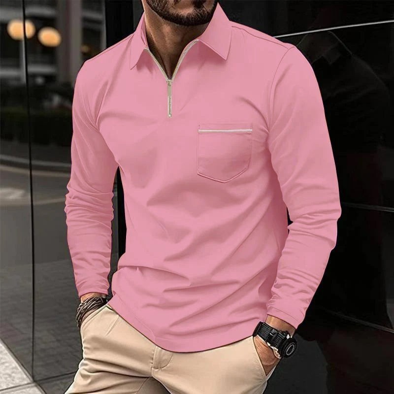 Pink long sleeve polo shirt with quarter-zip collar and chest pocket